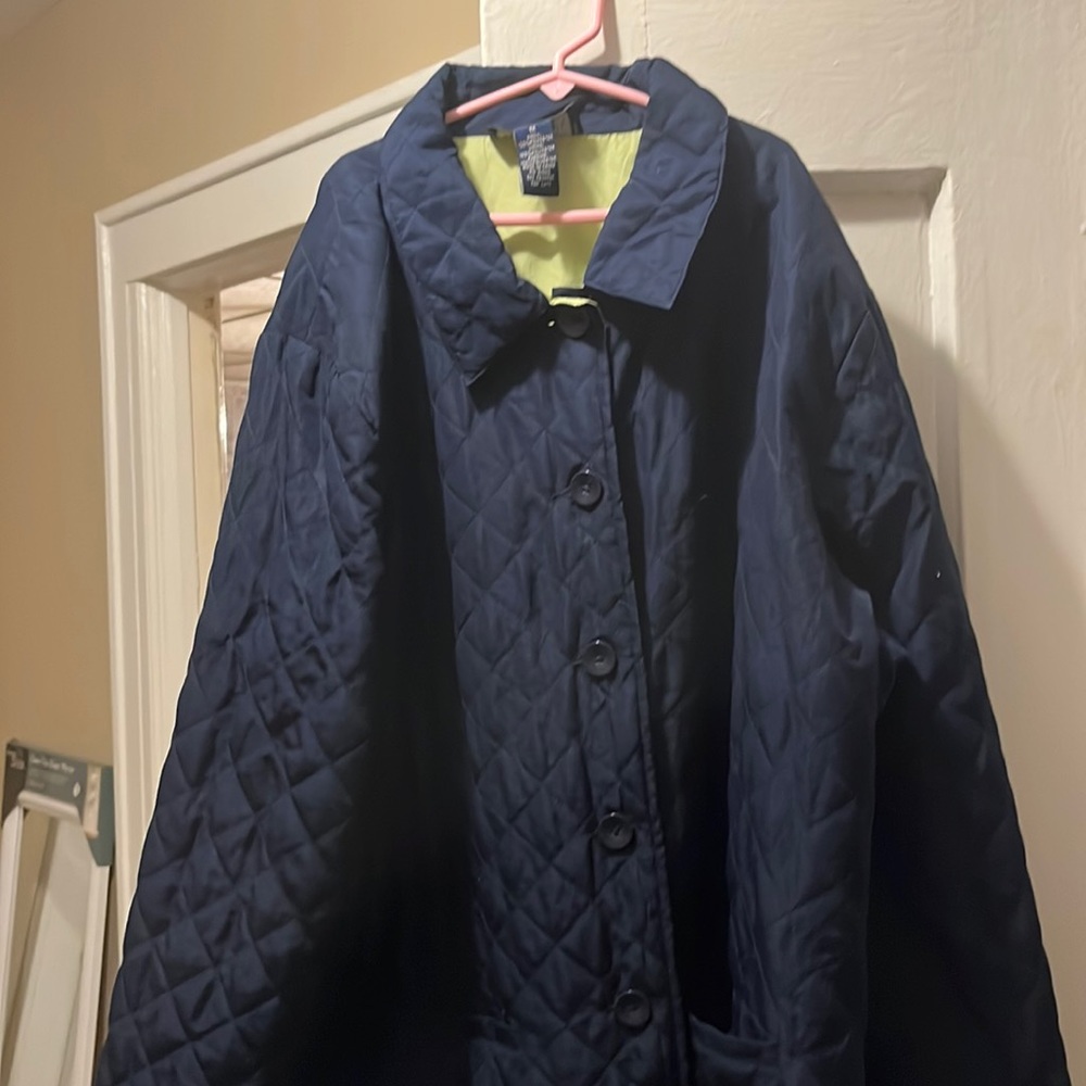 Denim and Co. from QVC size 1X. Quilted jacked navy with neon green lining.